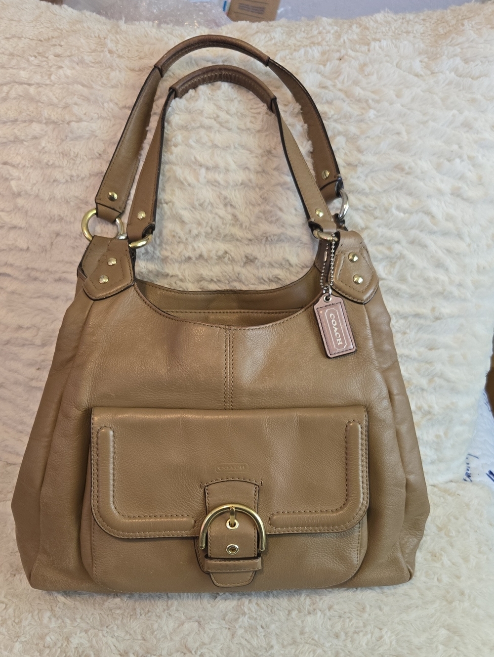 Coach Caramel Leather Shoulder Bag with Front Buckle Pocket